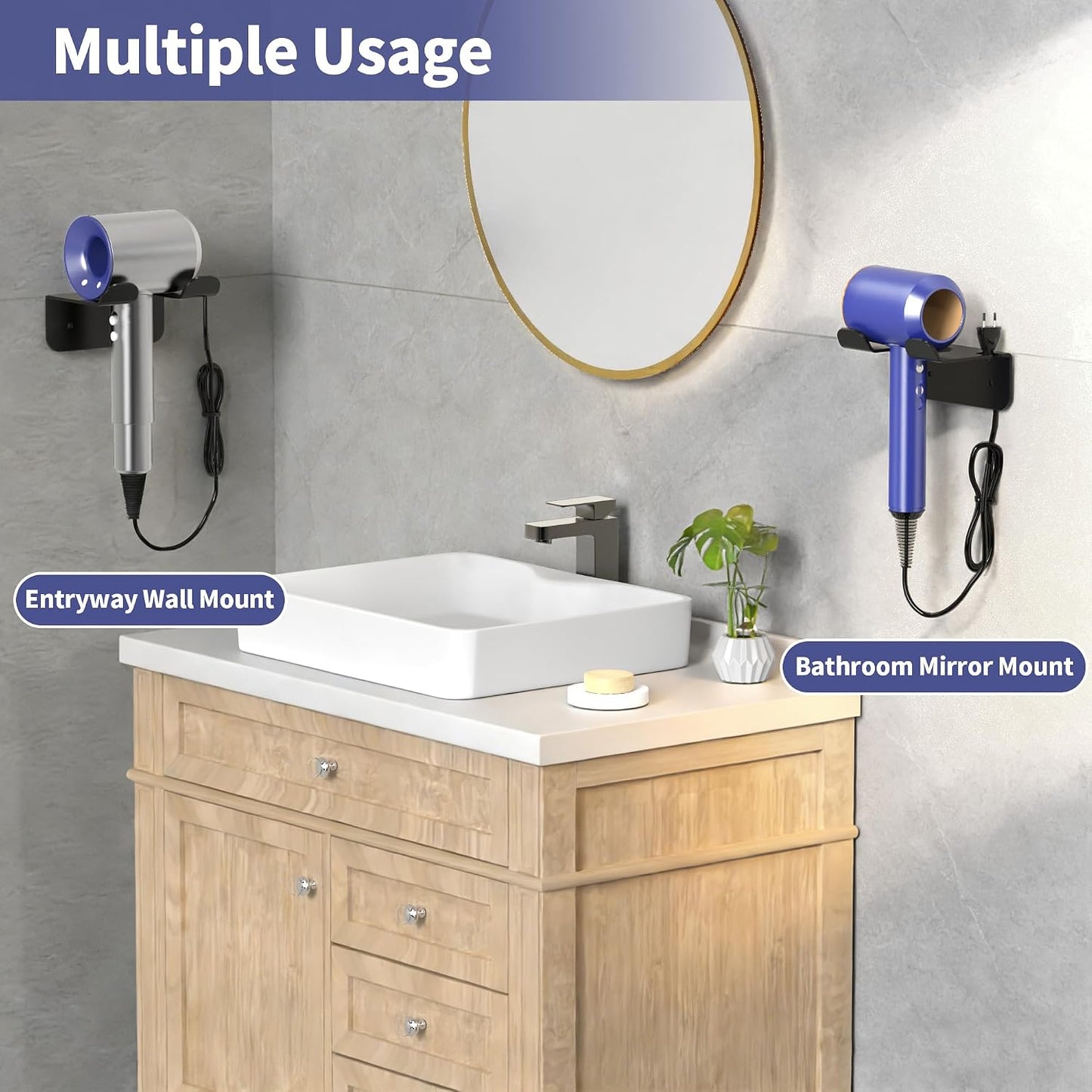 YIGII Hair Dryer Holder Wall Mounted Self Adhesive No Drill with Cord Organizer, Stainless Steel Storage for Bathroom Vanity Cabinet