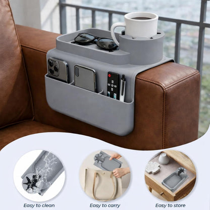 Silicone Couch Caddy Cup Holder Tray, 3-Side Sofa Armrest Organizer with Secure Gear-Shaped Locking Holder & Large Tablet Slot, Non-Slip Weighted Armchair Caddy, Couch Accessories (Grey)