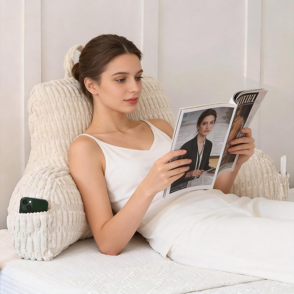 Faux Fur Reading Pillow for Sitting in Bed, Large Backrest Bed Pillow with Arms, Back Support Pillow for Lounging Bedrest, Beige