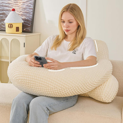 Reading Pillow with Arms for Sitting in Bed,Backrest,White Flannel,M | 17" Backrest Supports Back for College Students,Elbows & Forearms for Dorm Reading,Gaming,Watching TV