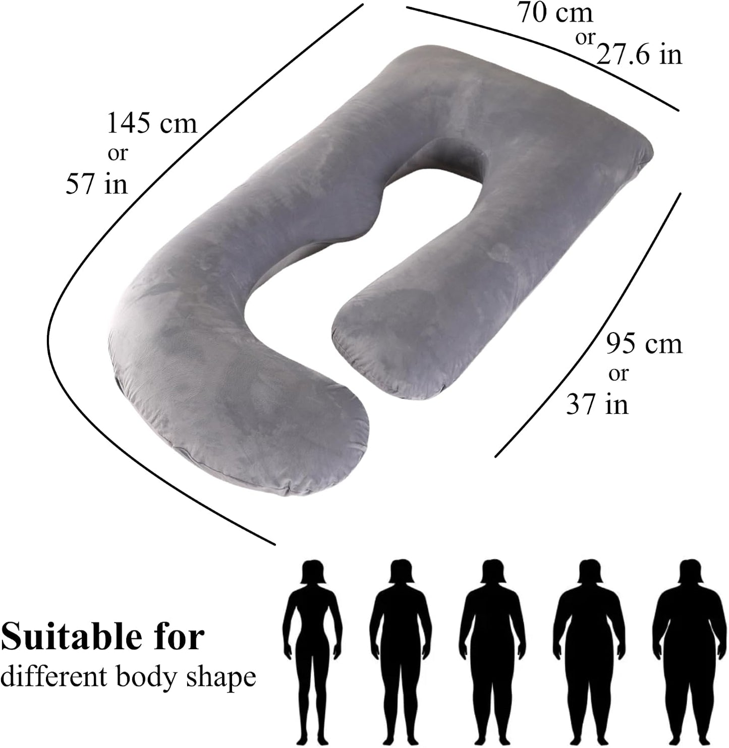 ALLOPERA Pregnancy Pillows for Sleeping, 57-Inch U-Shaped Full Body Maternity Pillow with Adjustable Fill and Removable Washable Cover, Back, Belly, Hip and Leg Support for Pregnant Women, Black Grey
