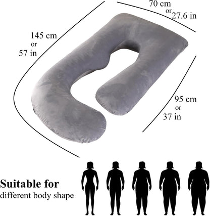 ALLOPERA Pregnancy Pillows for Sleeping, 57-Inch U-Shaped Full Body Maternity Pillow with Adjustable Fill and Removable Washable Cover, Back, Belly, Hip and Leg Support for Pregnant Women, Black Grey