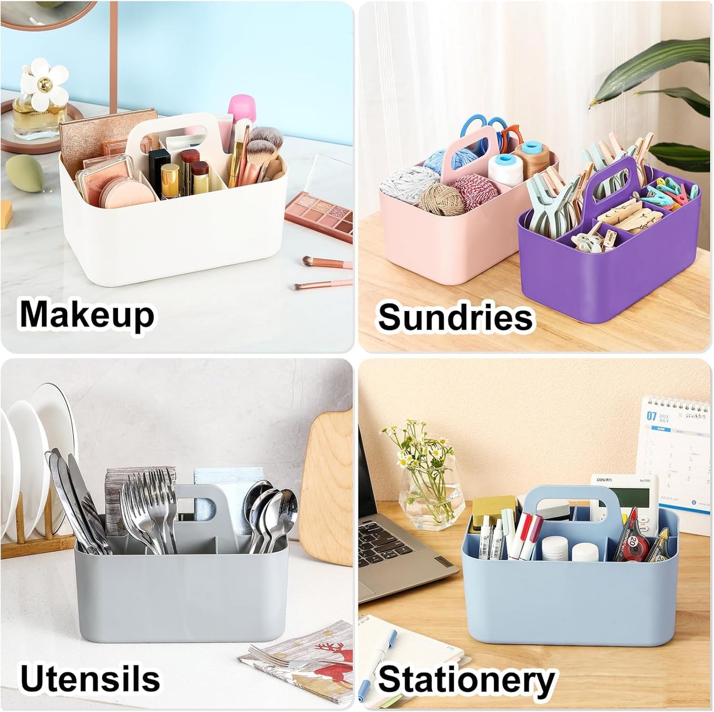 Multiuse Caddy Organizer with Handle, Portable Divided Plastic Tote Bin - Art Craft, Stationary Pen Marker Crayons, Makeup Hair Supplies Storage - Bathroom, Classroom, Dorm, Office, Desk Holder - Grey