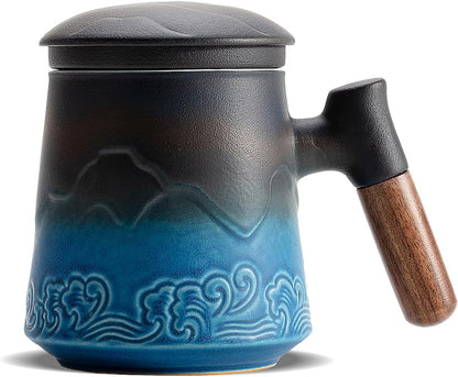 ZENS Tea Mug with Infuser and Lid for Loose Leaf Tea Steeper, 16.9oz Moss | Embossed Ceramic Tea Cup with Infuser for Herbal Tea Difussers, Tea Lovers Gifts, Nature Wood Handle