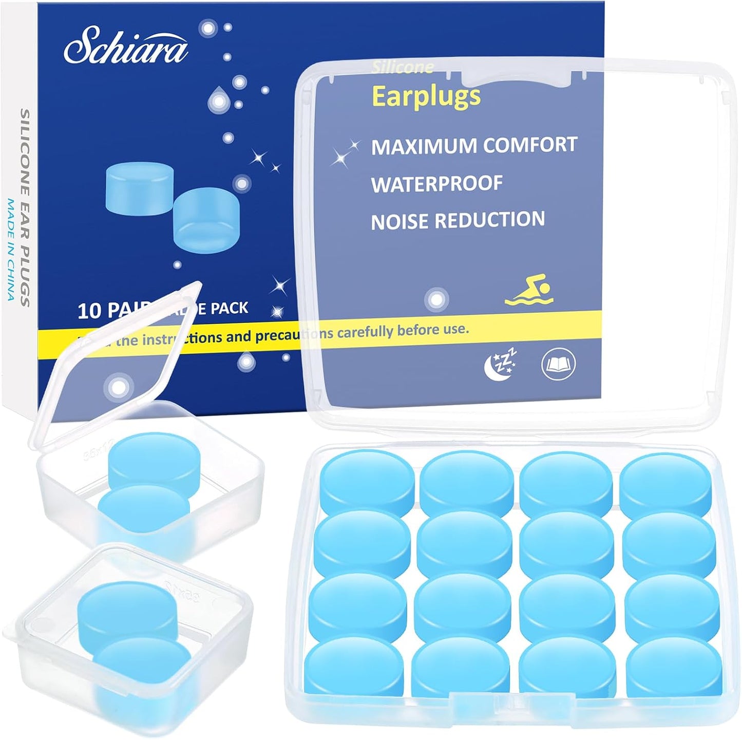 Ear Plugs for Sleeping, 16 Moldable Noise Cancelling Silicone Earplugs for Swimming, Snoring, Sleep and Studying, Blue
