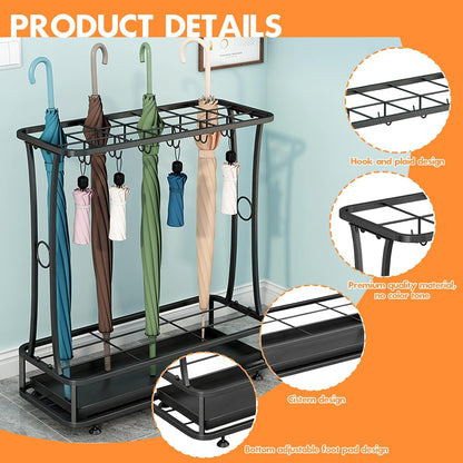 Metal Umbrella Holder Stand with Removable Drip Tray, Industrial Free Standing Umbrella Rack Organizer for Entryway Home Office Patio Decor(21 Slots 24 Hooks, Black)