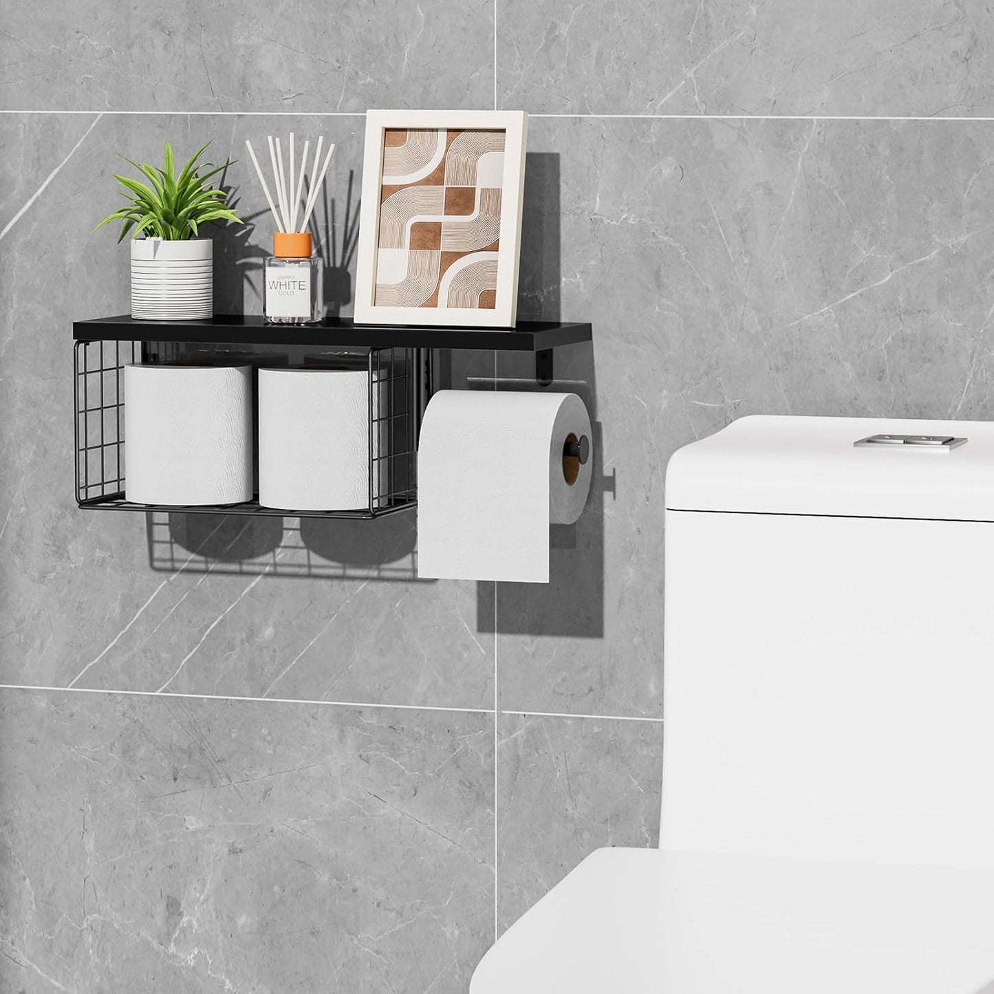VITVITI Toilet Paper Holder with Shelf, Wall Mounted Storage Basket, Brown | Farmhouse Wall Mount Toilet Paper Holder Shelves, Wood Metal Toilet Roll Wipes Holder for Bathroom