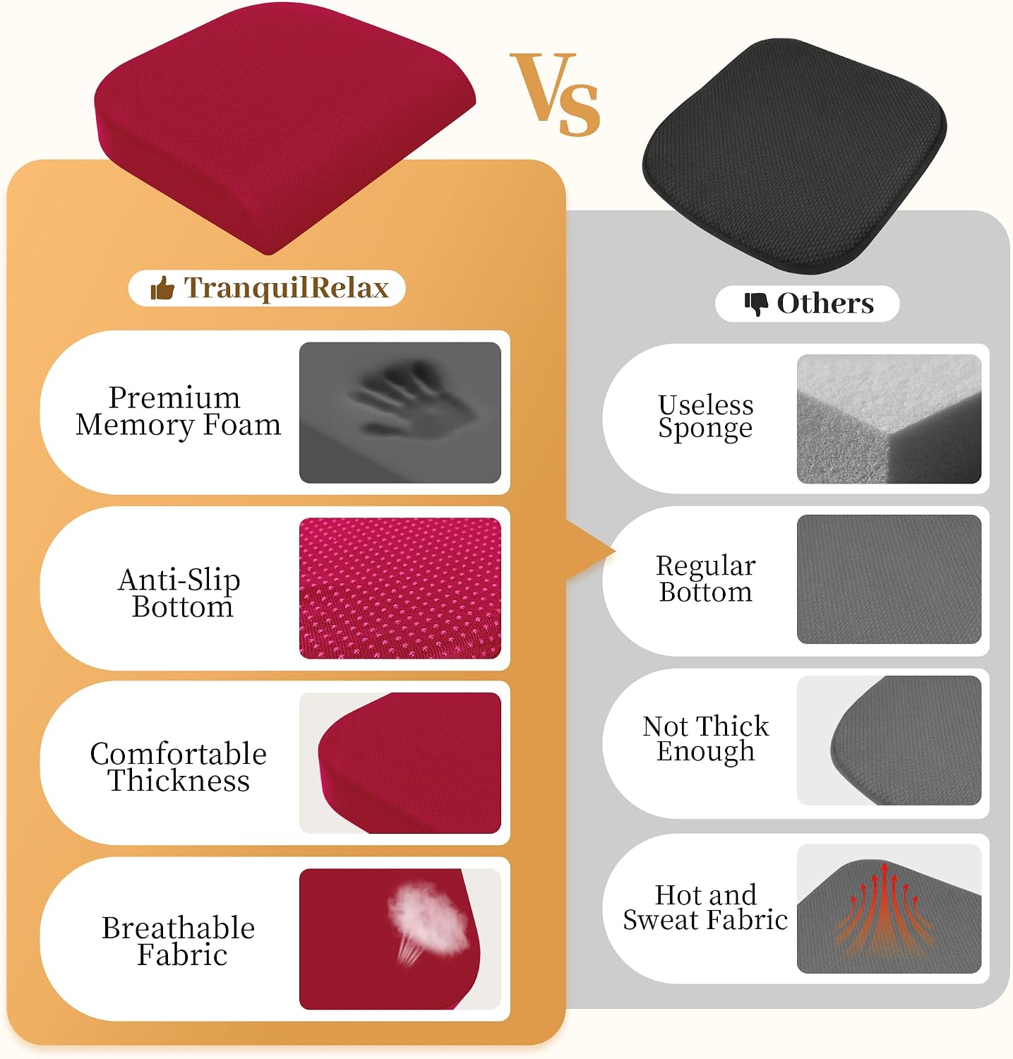 TranquilRelax Memory Foam Seat Cushion for Office Chair, 3-Inch, Black | Medium-firm Support for Long Sitting, Washable Mesh Cover, Non-slip Base, Perfect for Car Seats & Short Drivers