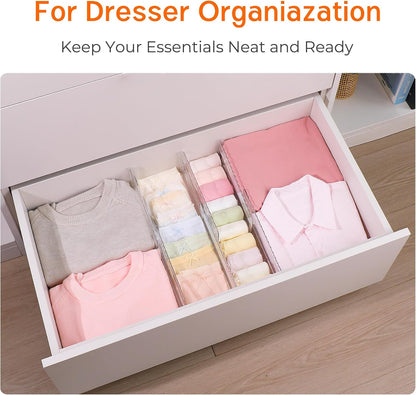 4 Pack 4" High Drawer Dividers for Clothes, 10.2"-16.5" Expandable | Dresser Drawer Organizers, Adjustable Plastic Clear Drawer Separators for Kitchen, Baby Clothing, Socks & Underwear Storage