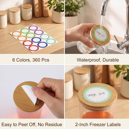 360 Pcs Canning Jar Labels, 2 Inch Round Removable Stickers, 6 Colors | Writable Labels, Easy Peel, No Residue, For Jars, Bottles, Pantry, Meal Prep, Gift Wrap And Party Favors