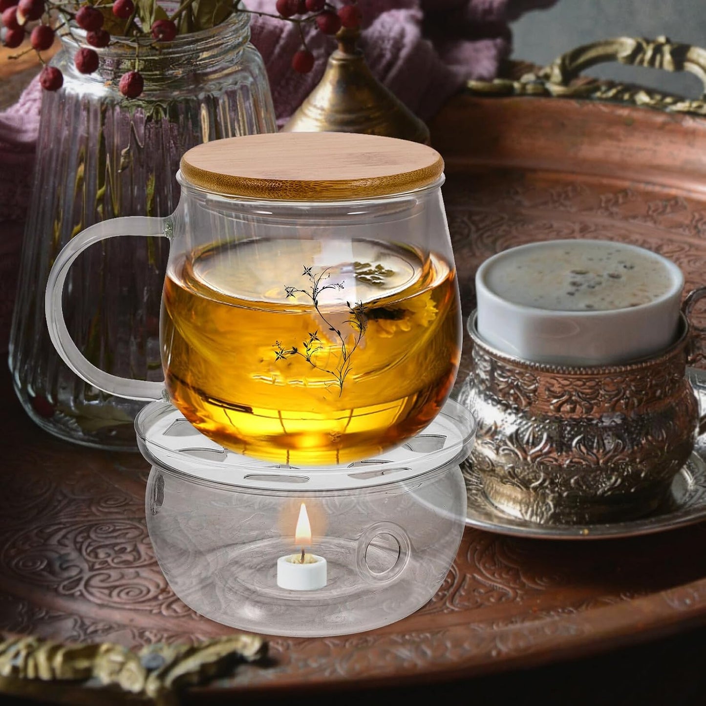 BESPORTBLE Household Glass Teapot Warmer with Heat-Resistant Base Safe Glass Tea Stove Heater for Warming Tea and Food Compact Design for Home Decoration and Practical Use
