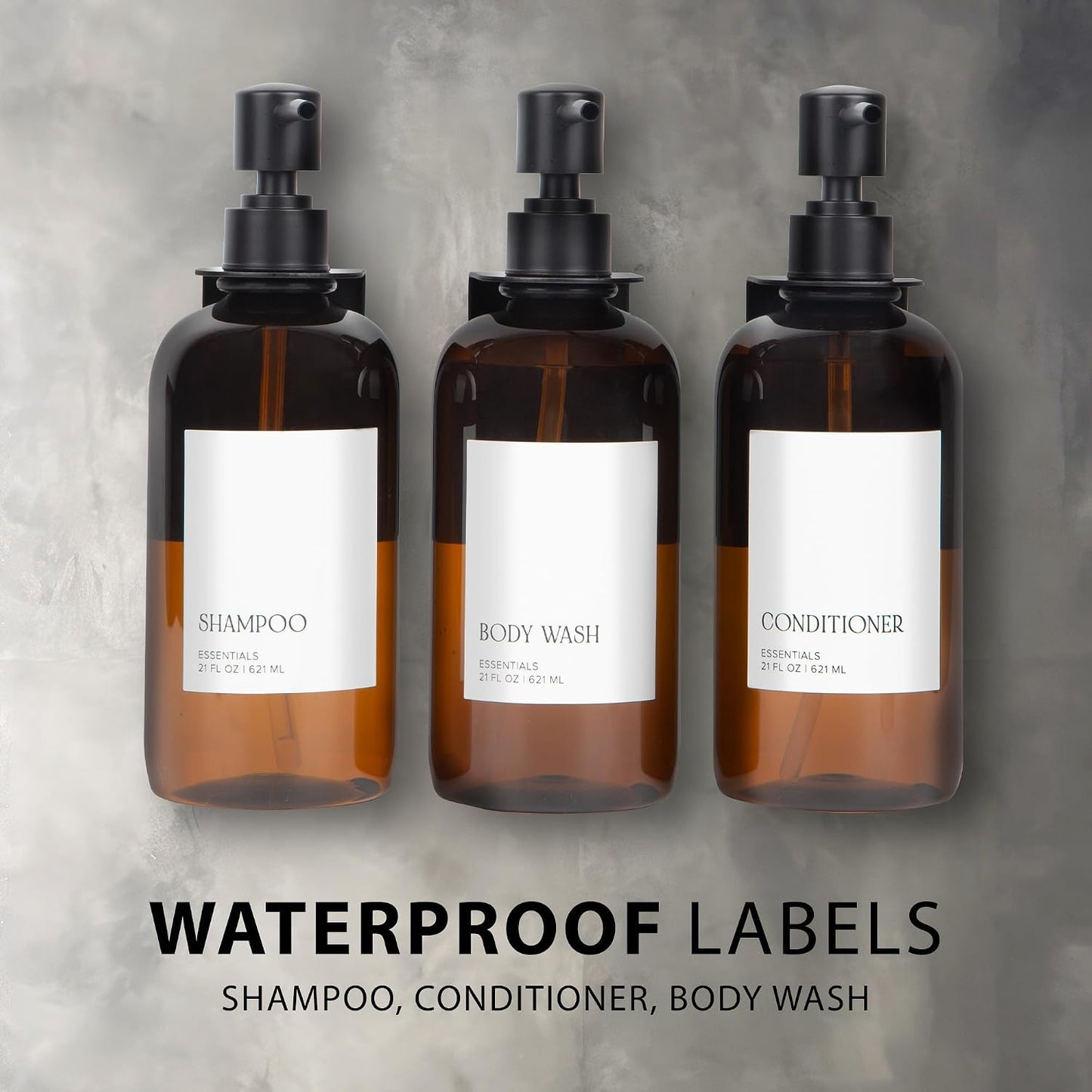Stylish Shampoo & Conditioner Dispenser Set of 3 - Wall Mount, Drill Free | Modern 21oz Shower Soap Bottles with Labels - Easy Refill Body Wash Dispensers for an Instant Bathroom Decor Upgrade