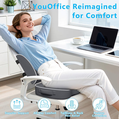 SweetSlubr Memory Foam Seat Cushion & Lumbar Support Pillow Set Black Large | U-shaped Cushion Design, Washable Mesh Cover, Adjustable Straps, Non-slip Base, Office Chair and Car Seat Use