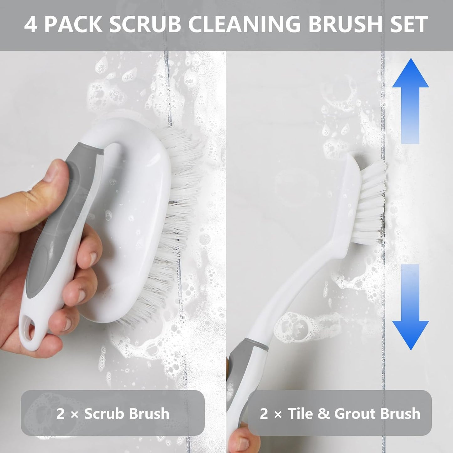 Scrub Brush Set, 4 Pack Deep Cleaning Brush Kit, Green | 2 Scrub Brush, 2 Tile & Grout Brush with Built-in Scraper, Household Commercial Scrubber for Floor, Shower, Pool Wall, Tub