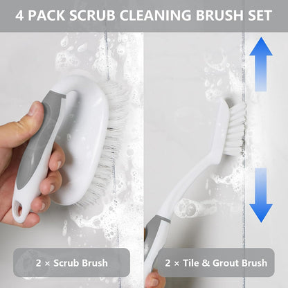 Scrub Brush Set, 4 Pack Deep Cleaning Brush Kit, Green | 2 Scrub Brush, 2 Tile & Grout Brush with Built-in Scraper, Household Commercial Scrubber for Floor, Shower, Pool Wall, Tub
