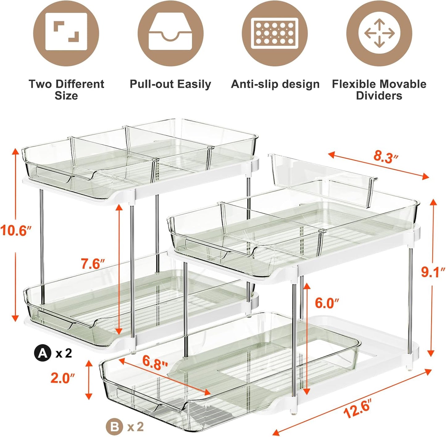 Delamu 2-Tier Multi-Purpose Bathroom Under Sink Organizers and Storage, Stackable Kitchen Pantry Organization, Pull Out Medicine Cabinet Organizer with Movable Dividers, White, 2 Pack