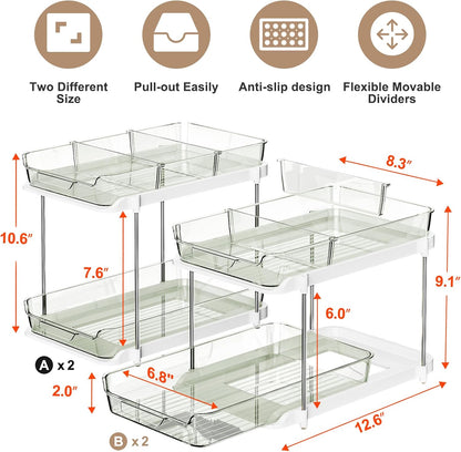 Delamu 2-Tier Multi-Purpose Bathroom Under Sink Organizers and Storage, Stackable Kitchen Pantry Organization, Pull Out Medicine Cabinet Organizer with Movable Dividers, White, 2 Pack