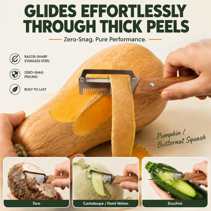 3-in-1 Vegetable Peeler for Kitchen: 2 Pack Wooden Handle Stainless Steel Scallion Shredder with Bottle Opener & Grater, Ergonomic Non-Slip Peeling Tool for Potatoes