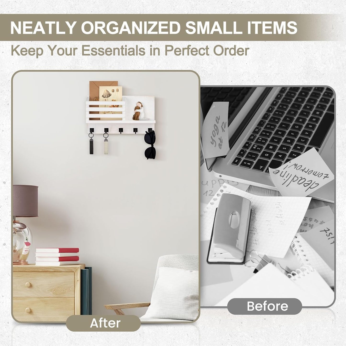 Key Holder Wall Mount, Mail Organizer for Wall with 5 Square Key Hooks | Key Holder for Wall, Key Holder with Shelf Farmhouse Home Decor for Home Entryway