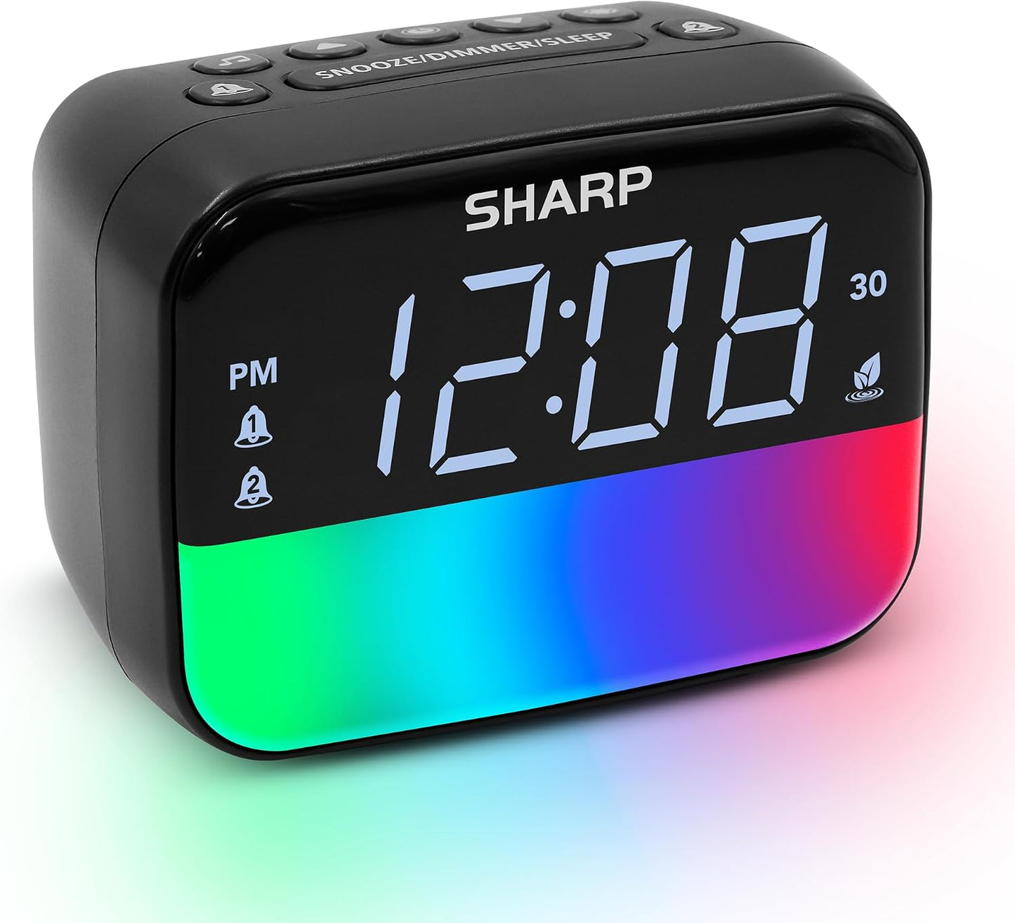 Sharp RGB Alarm Clock with Bluetooth Speaker, Sleep Sounds, Night Light | 9 color modes, 2 wake times, 15-60 min timer, 4-step dimmer, white LED display, bedroom, dorm, office, kids room, bedside use
