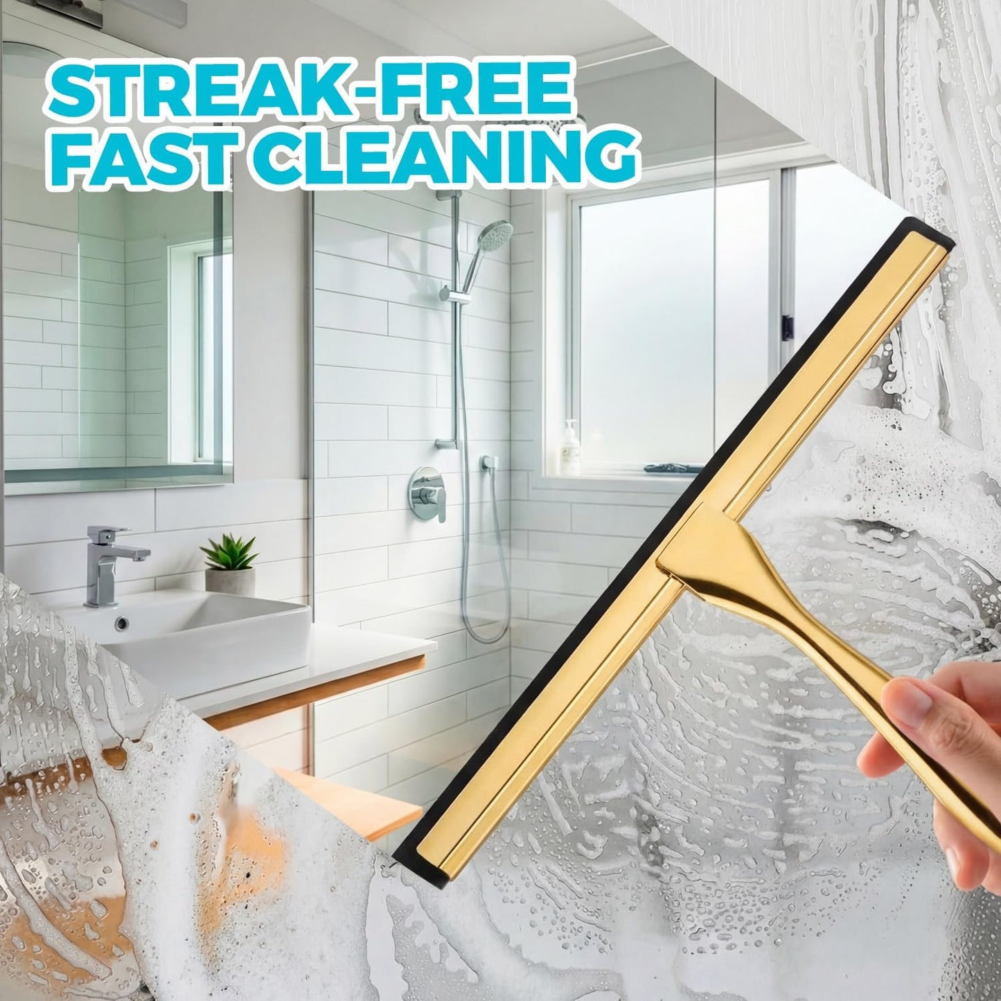 2pcs Shower Squeegee for Glass Doors with Adhesive Hanging Hook Set | 10” Silver, Bathroom Accessories, Window Cleaner, New Home Essentials, Soft Rubber Blade, Metal Handle, Ergonomic Grip