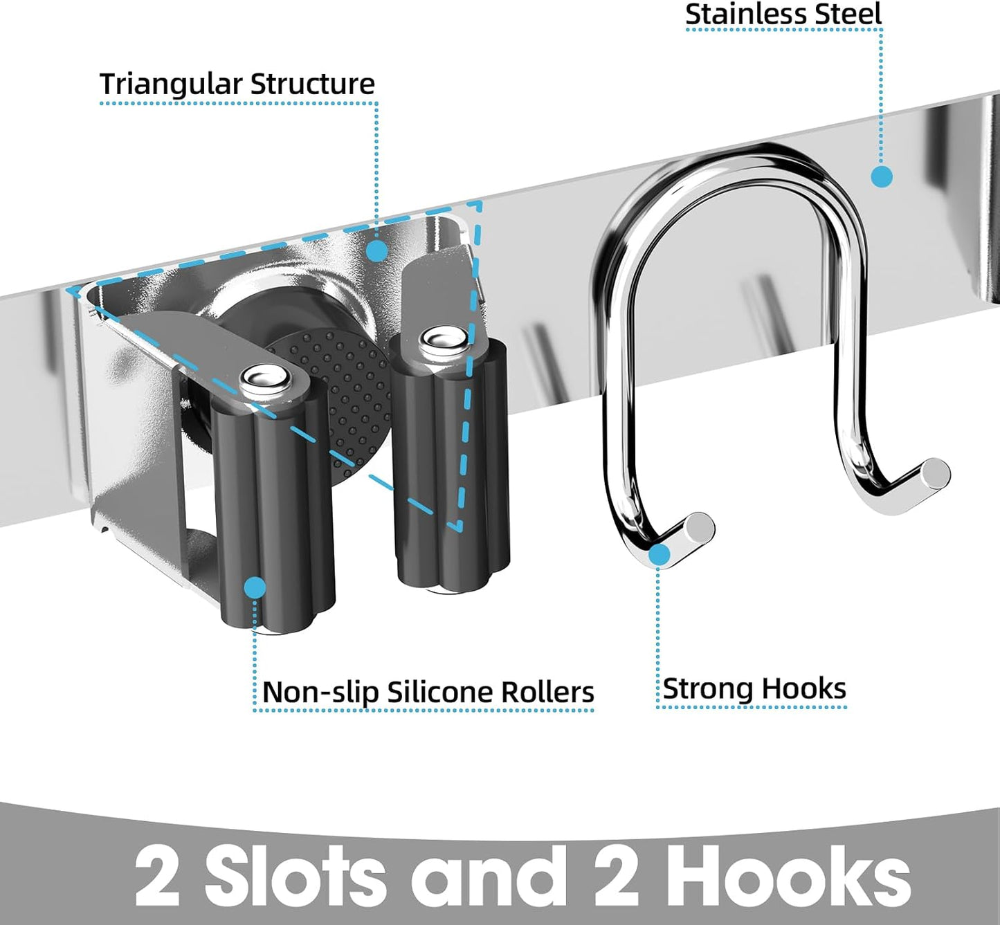 Broom Holder Wall Mount, Stainless Steel Mop and Broom Organizer, Broom Hanger with 2 Slots 2 Hooks for Home Kitchen, Garage, Garden and Laundry Room, Black