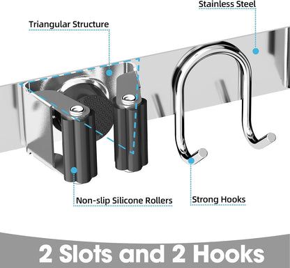 Broom Holder Wall Mount, Stainless Steel Mop and Broom Organizer, Broom Hanger with 2 Slots 2 Hooks for Home Kitchen, Garage, Garden and Laundry Room, Black