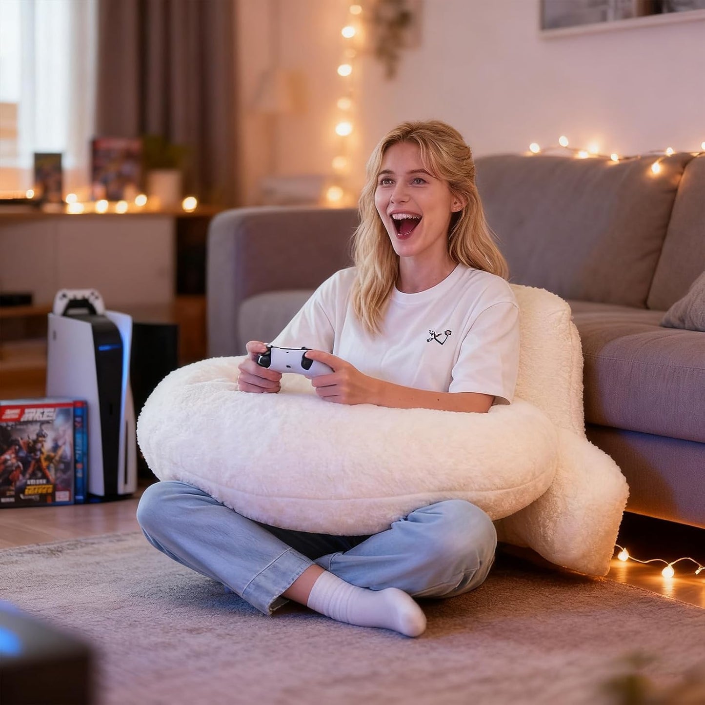 Reading Pillow with Arms for Sitting in Bed,Backrest,White Flannel,M | 17" Backrest Supports Back for College Students,Elbows & Forearms for Dorm Reading,Gaming,Watching TV