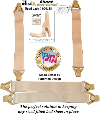 Holdup Bed Sheet Stay-Downs Short Quad USA Patented Plastic Gripper Clasps