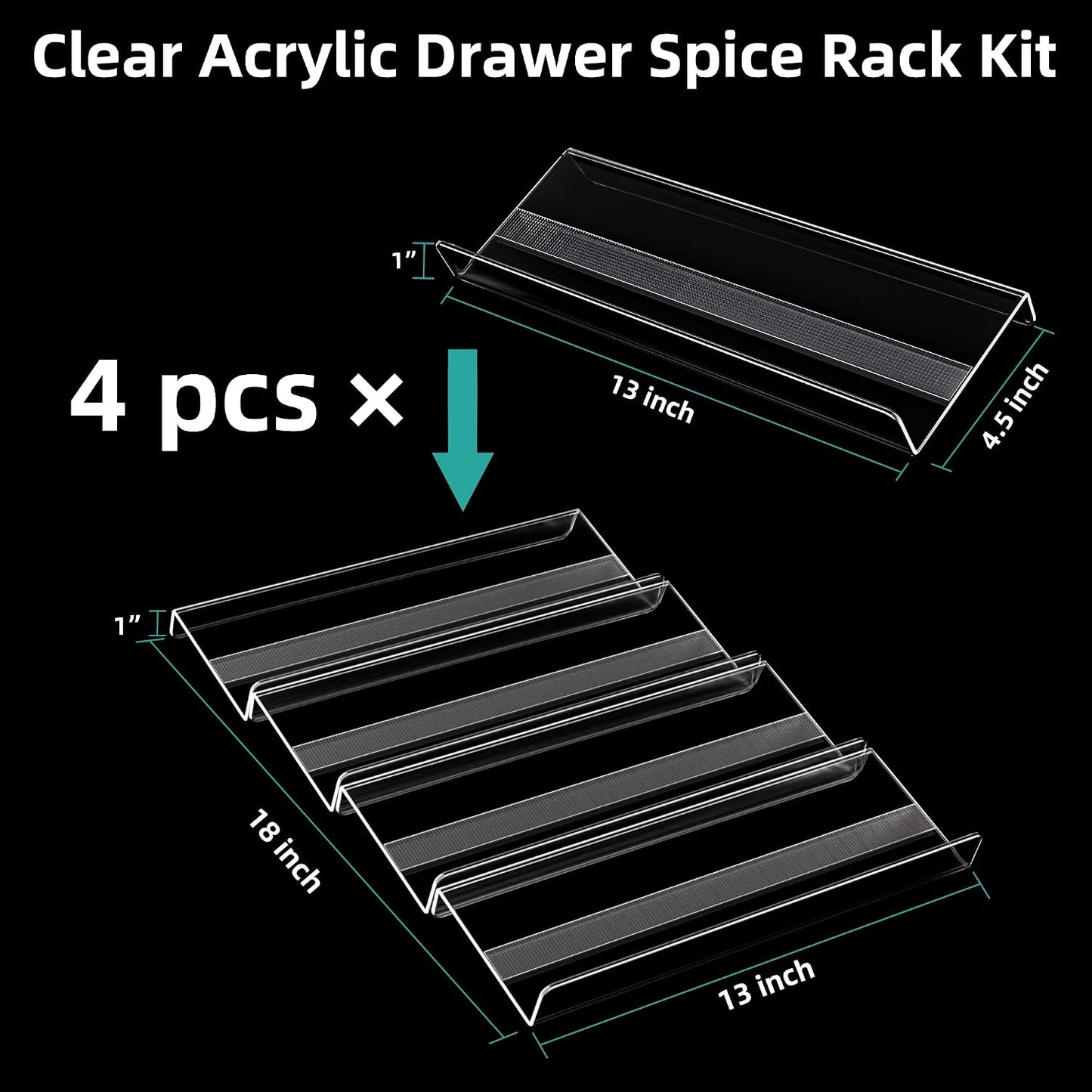 MIUKAA Acrylic Spice Drawer Organizer, 4 Tier - 8 Pack Seasoning Organizer for Drawer, Expandable From 13" to 26" Kitchen Drawer Spice Rack with Slip-Proof Mat (Jars not Included)