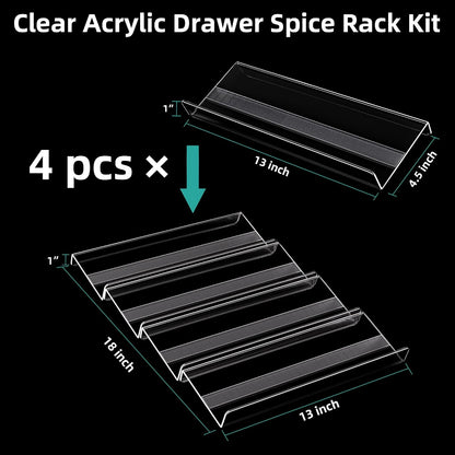 MIUKAA Acrylic Spice Drawer Organizer, 4 Tier - 8 Pack Seasoning Organizer for Drawer, Expandable From 13" to 26" Kitchen Drawer Spice Rack with Slip-Proof Mat (Jars not Included)