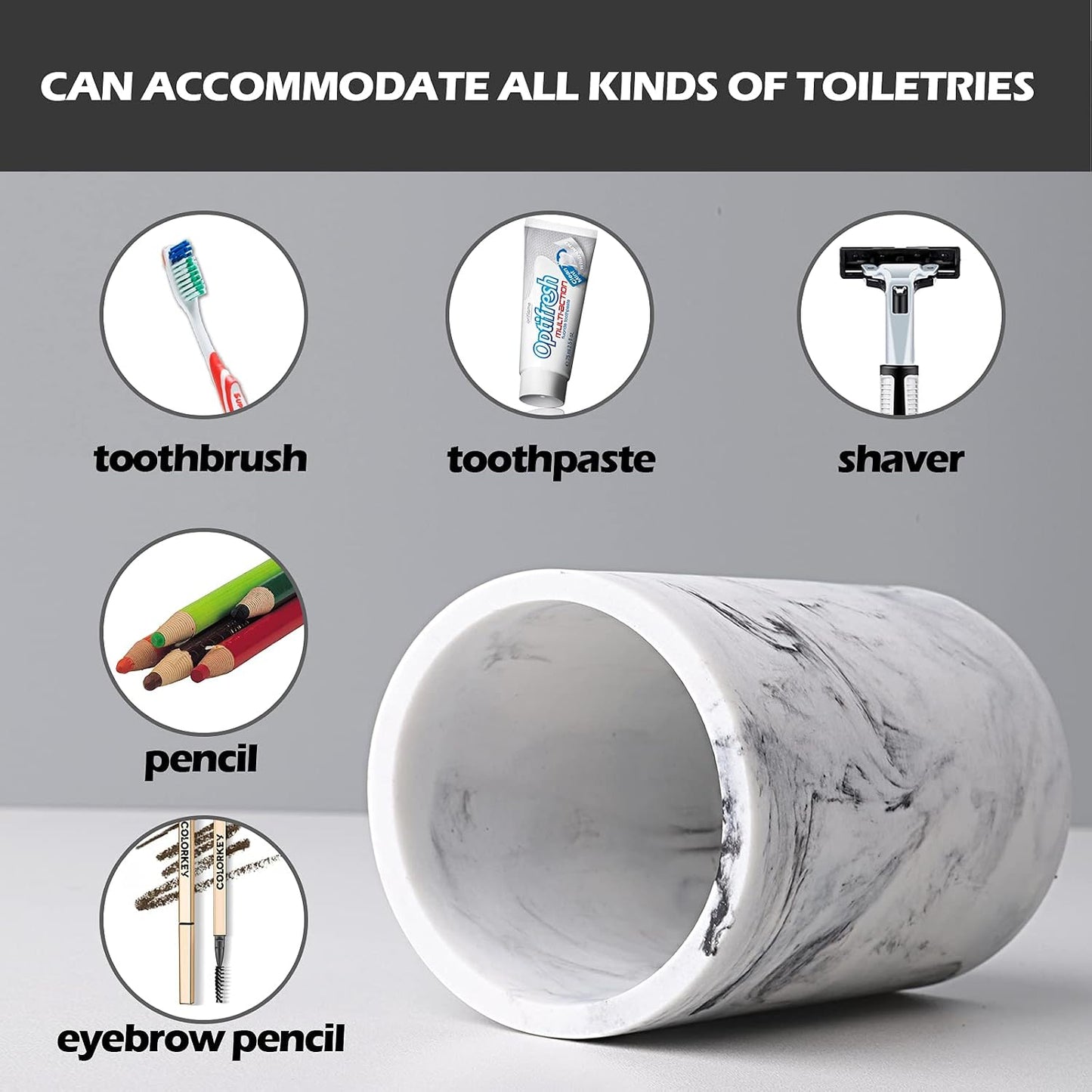 Marble Look Toothbrush Holder for Bathroom Countertop Organizer, Holds Toothpaste, Dental Floss, Razor, Comb, Makeup Brushes, and More, Stylish Bathroom Accessory for Tooth Brushing Essentials