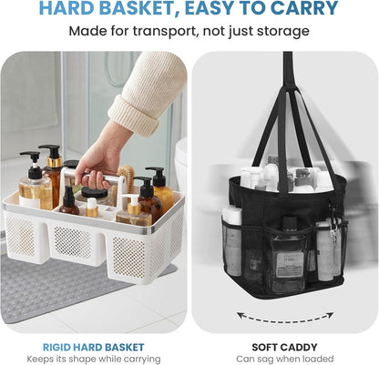 BYUNER Portable Cleaning & Shower Caddy with Handle: Rigid Plastic Basket with 4 Divided Compartments, All-Side Drainage for College Dorm, Bathroom & Utility Use, Black/Gold