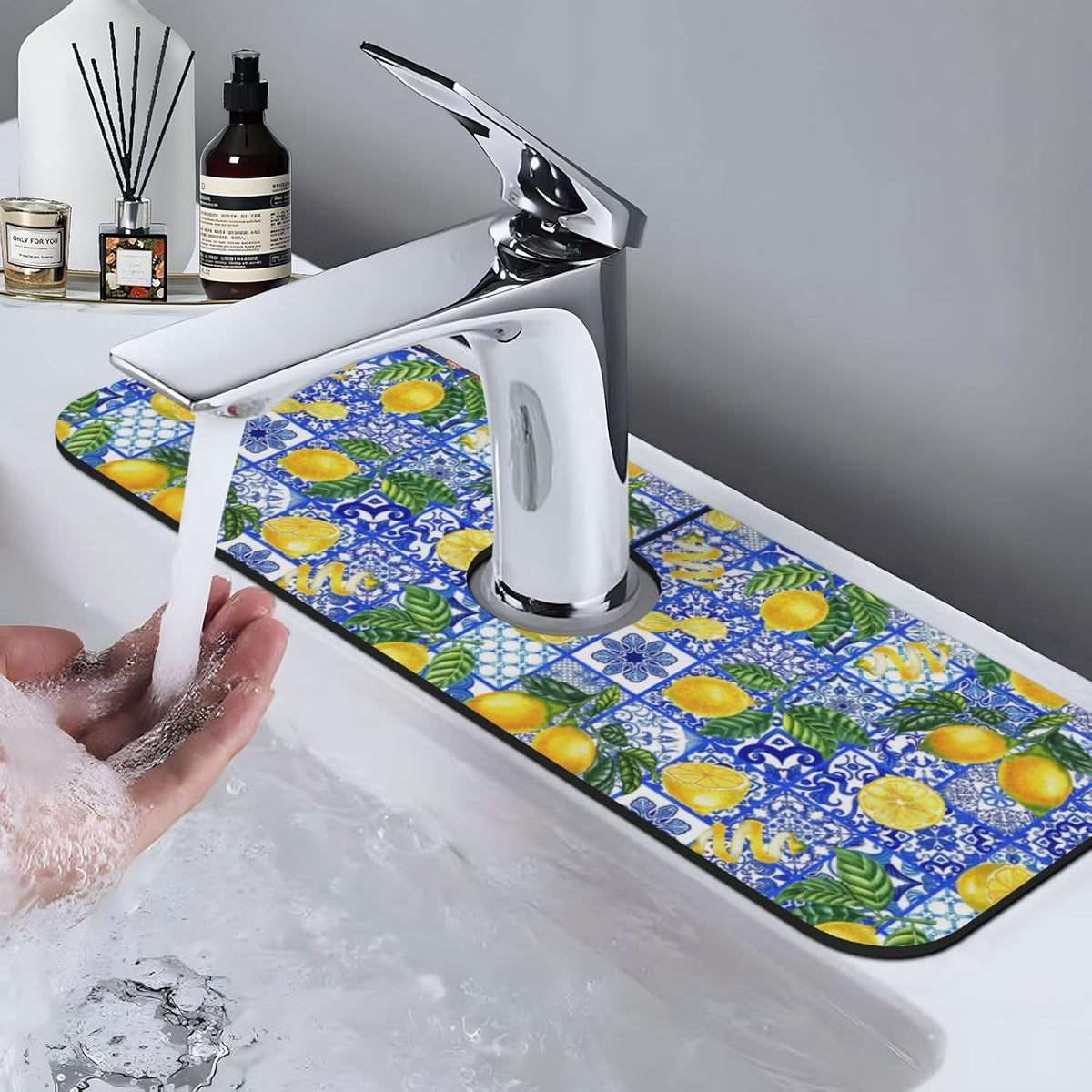 Aquamarine Blue Mexican Tiles Faucet Splash Guard Mat for Kitchen Sink 15x5.5" - Colors B