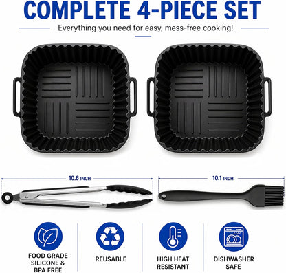 Reusable Silicone Air Fryer Liners 4 PCS Set | 2-Pack 8-Inch Square Liners with Tongs & Basting Brush | Compatible with Ninja AF141 AF181, COSORI & More | Food-Grade Accessories for 5–7 QT Baskets