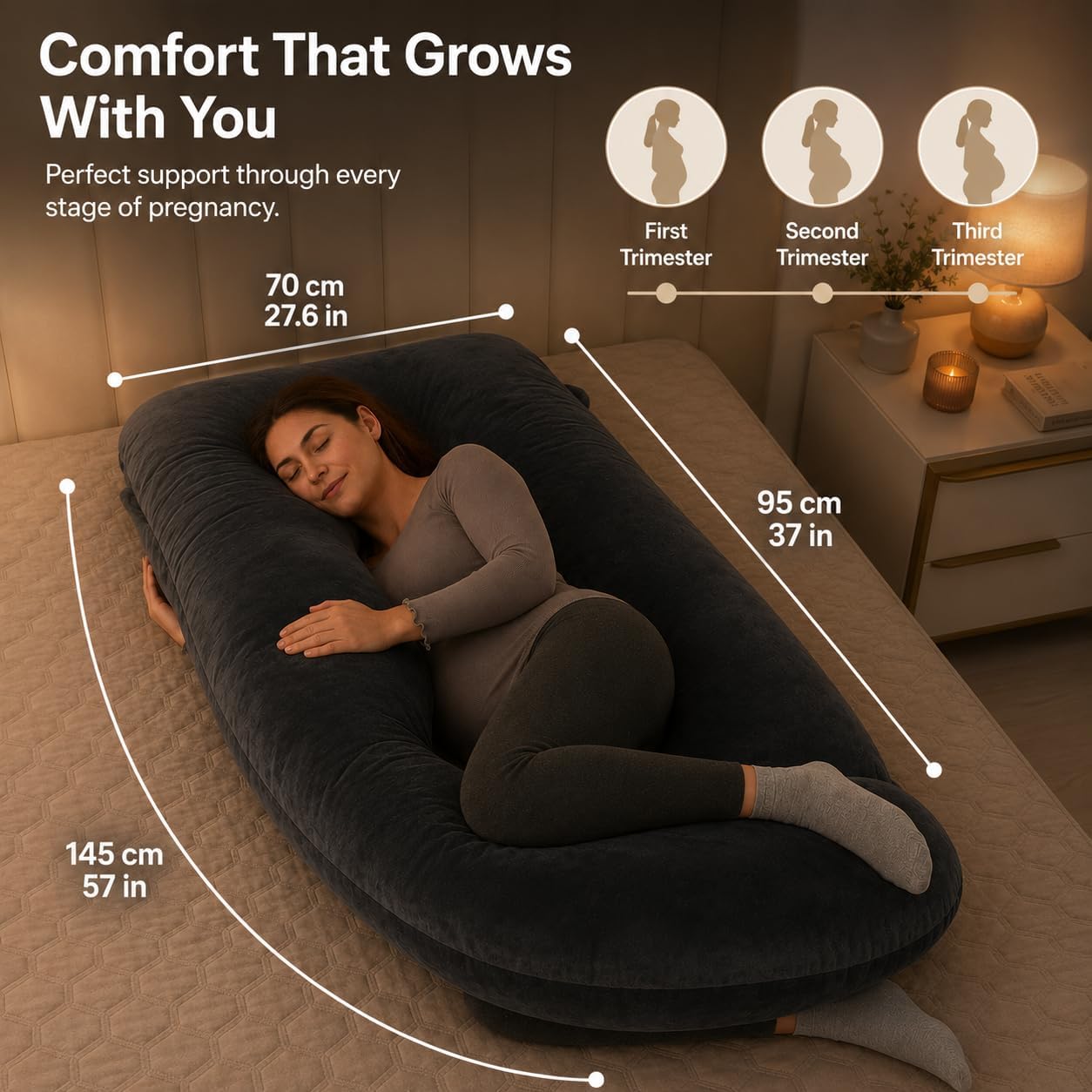 ALLOPERA Pregnancy Pillows for Sleeping, 57-Inch U-Shaped Full Body Maternity Pillow with Adjustable Fill and Removable Washable Cover, Back, Belly, Hip and Leg Support for Pregnant Women, Black Grey
