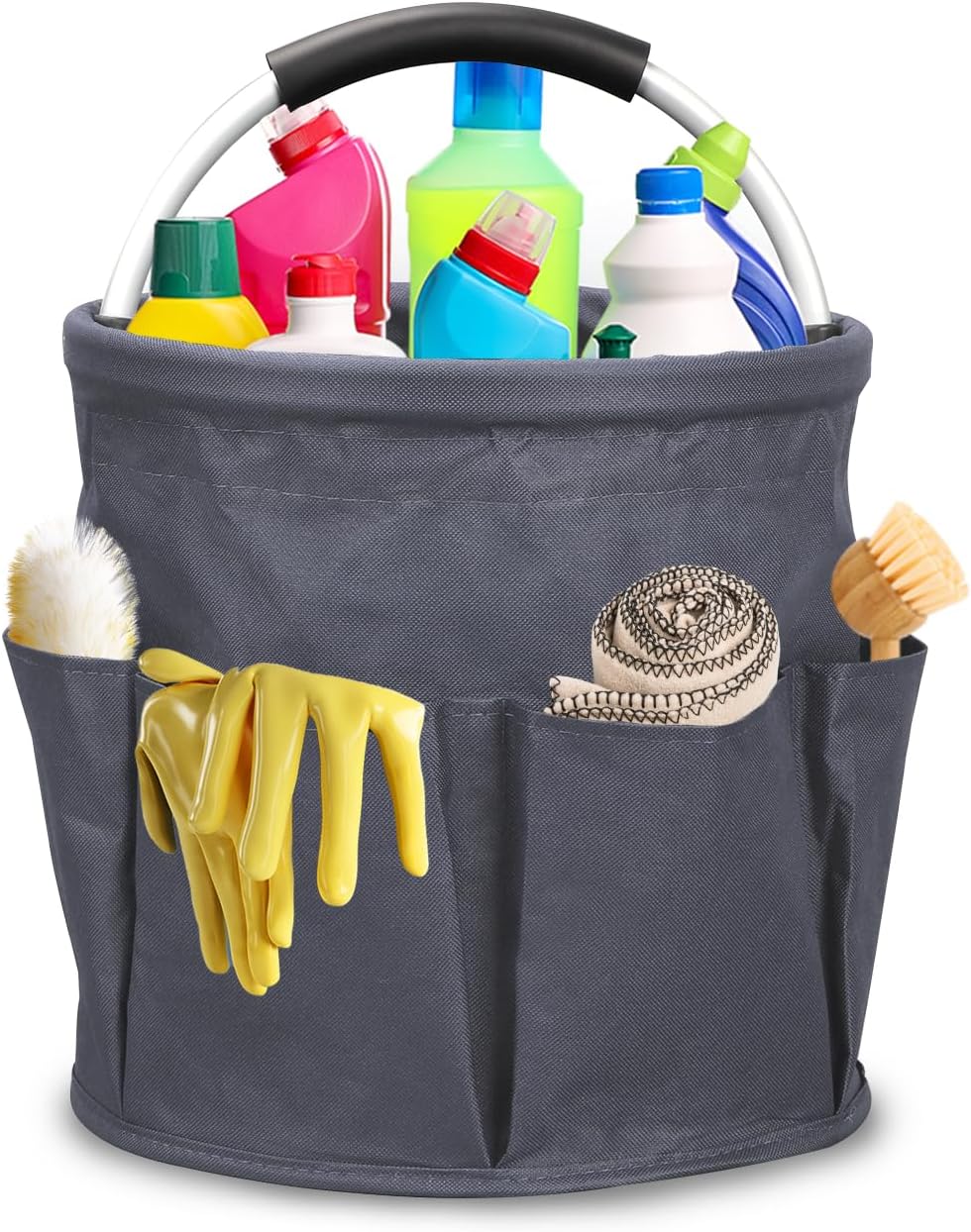 Qivine 17L Cleaning Caddy with Handle, Foldable Cleaning Supply Caddy(Blue) | Cleaning Caddy for Cleaning Supplies, Portable Cleaning Supplies Organizer with 6 Pockets, Cleaning Bucket for Kitchen Garden