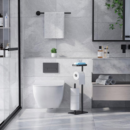 Kitsure Metal Toilet Paper Holder Free Standing, Medium, Black | Rustproof Toilet Paper Stand for 4 Rolls, Bathroom Organizers and Storage with Anti-Slip Base and Plastic Shelf