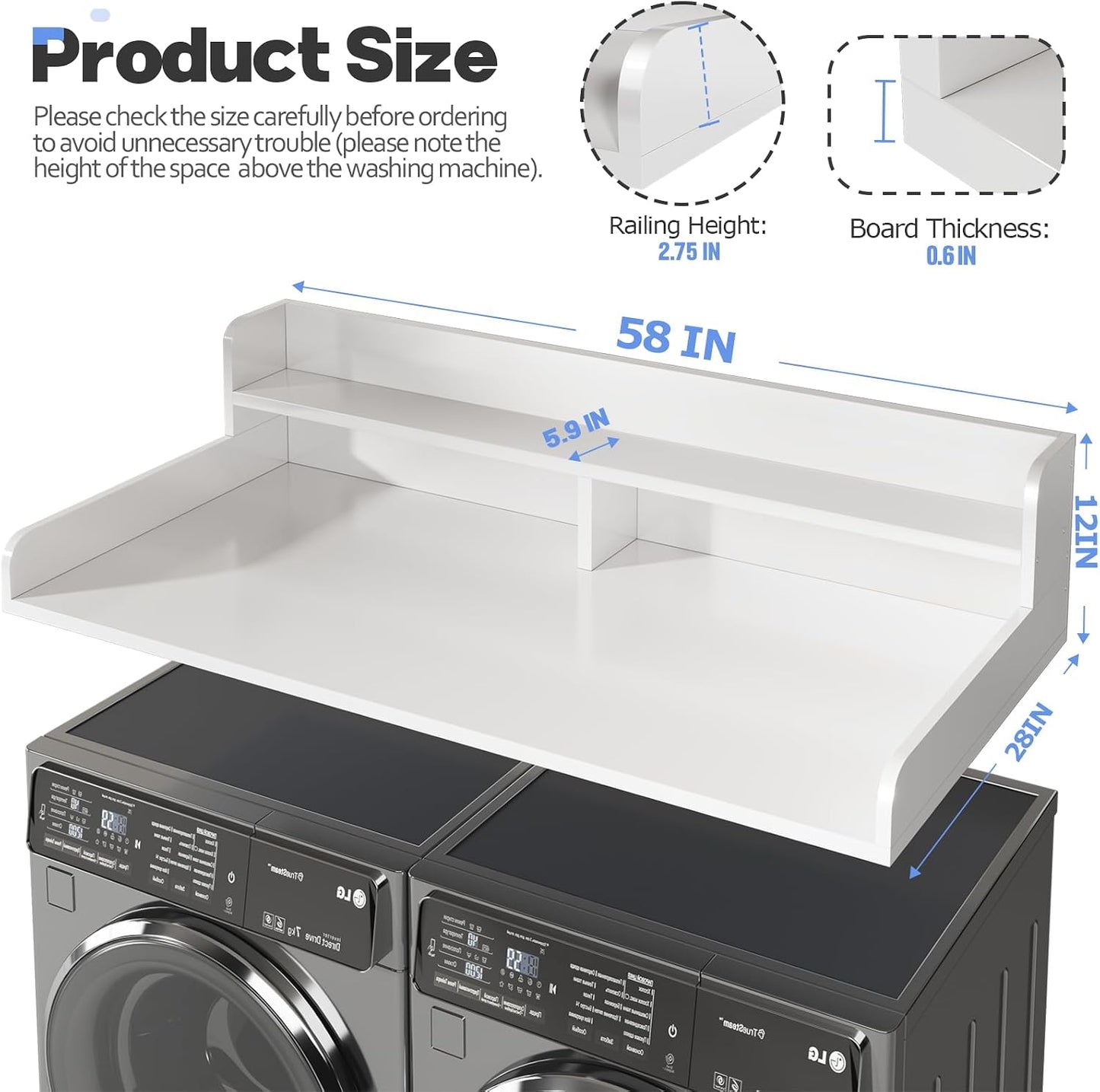 2-Tier Washer and Dryer Countertop with 2.75" H Guard,54" W x 27.5" D Laundry Countertop Cover with Non-Slip Pad,Large Space Laundry Topper for Folding Clothes Over Washer and Dryer-White