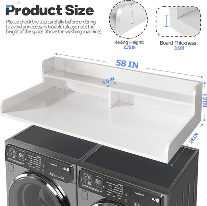 2-Tier Washer and Dryer Countertop with 2.75" H Guard,54" W x 27.5" D Laundry Countertop Cover with Non-Slip Pad,Large Space Laundry Topper for Folding Clothes Over Washer and Dryer-White