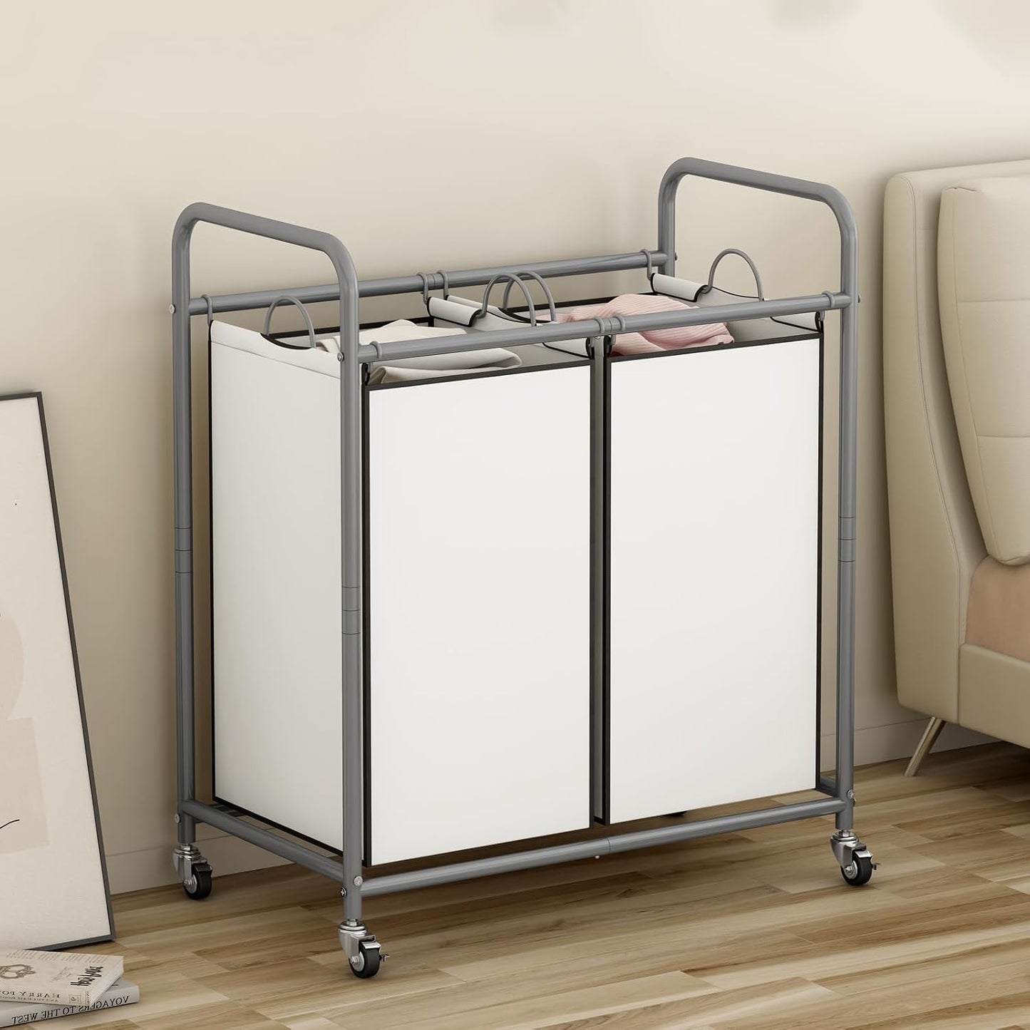 SUOERNUO Laundry Hamper with Lockable Wheels and 2 Removable Bags | Rolling Laundry Basket Laundry Sorter 2 section for Dirty Clothes in Laundry Room or Small Spaces, Grey+Beige