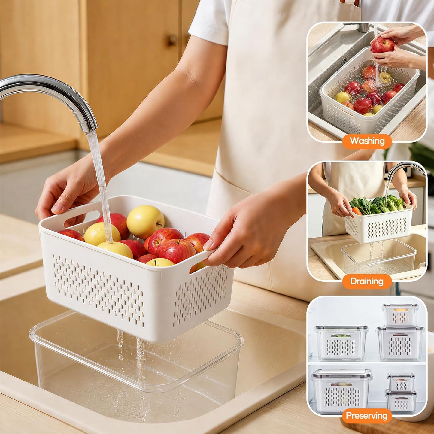 Fruit Storage Containers for Fridge, 3 Pack Plastic Food Storage Container | Produce Storage with Removable Colander, Refrigerator Organizers Keep Fruits Berry Veggie Salad Fresh Longer, Dishwasher Safe