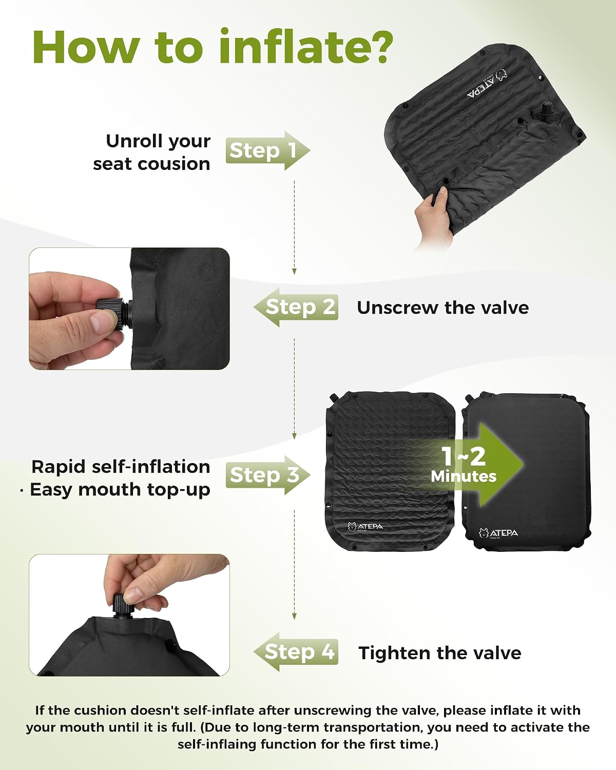 ATEPA Inflatable Seat Cushion | 2" & 2.5" foam core seat pad, Self inflating, Compact, Stadium, Airplane, Travel, Camping, Hiking, Sports events