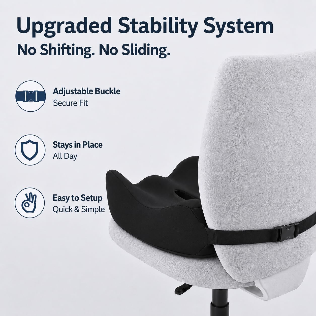 X Large Memory Foam Seat Cushion for Office Chair, High-Density Pad with Non-Slip Bottom and Adjustable Strap, Tailbone Pressure Relief for Long Sitting, Desk Work, Car, Wheelchair, Black