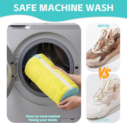 Shoe Washing Machine Bag Reusable Sneaker Washing Bag with Built-in Fluffy Brushes for 360° All-Around Cleaning, Laundry Shoe Bag is Designed for Washer and Dryer （Yellow 2pcs）