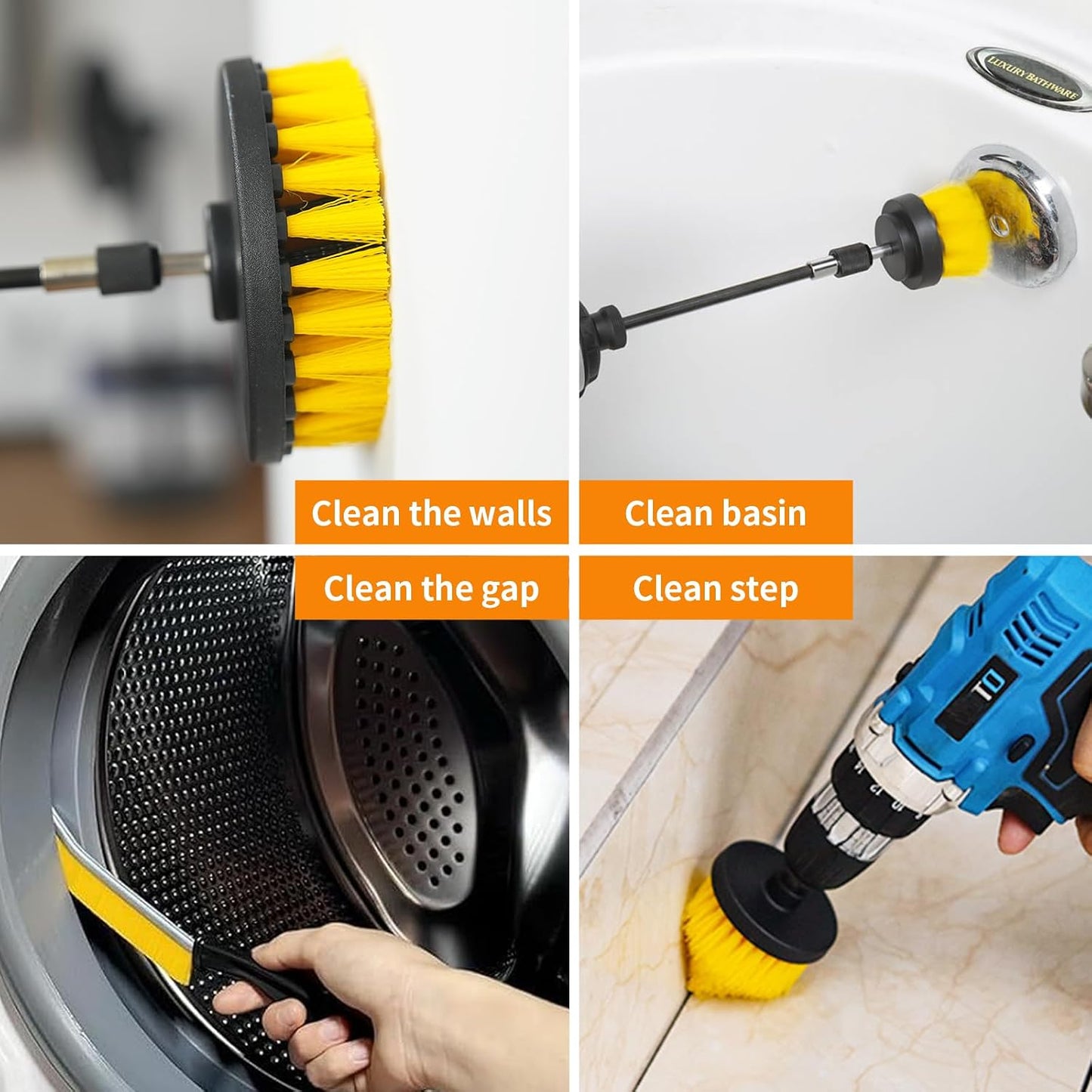 10 Pcs Drill Brush Attachment Set, Drill Scrubber Brush Kit, Drill Cleaning Brush, Scrub Brush for Grout Floor Tub Shower Bathtub Tile Sink Toilet Bathroom Kitchen Car Yellow