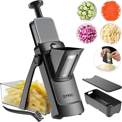 QYKIC Safe Mandoline Slicer for Kitchen, Adjustable Potato Slicer Pro | 0.1-8mm Vegetable Chopper Fry Cutter Julienne Dicer Large Chute Stainless Steel Blades Detachable Dishwasher Safe Gifts