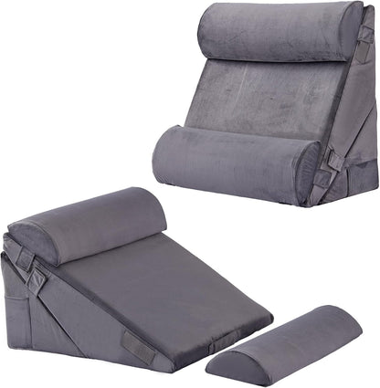 Bedluxe Wedge Pillow Headboard, 3PCS Orthopedic Bed Wedge Pillows Set for After Surgery, Adjustable Pillow Wedge for Acid Reflux&Back Pain Relief, Sleeping, Back Pillow for Bed Sitting Up, White/Grey