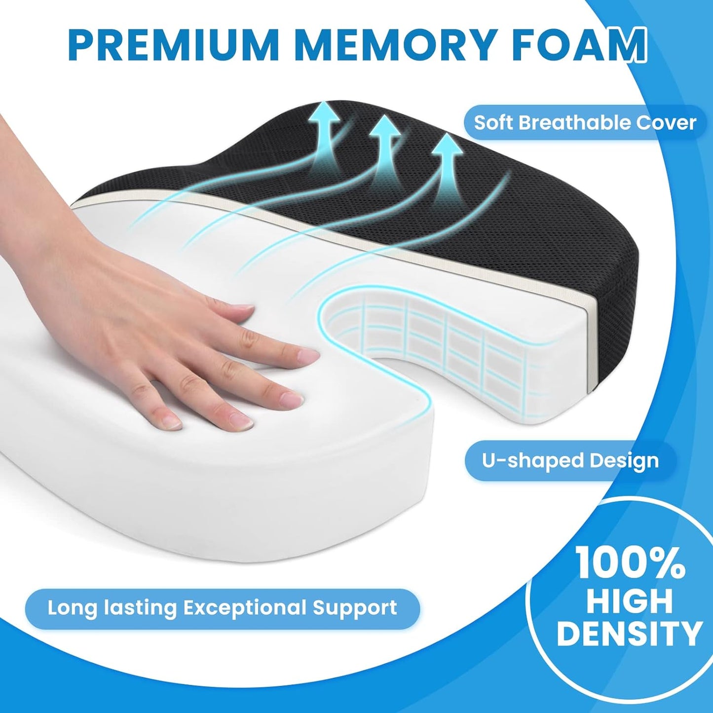 TushGuard Office/ Car Seat Cushion, Non-Slip Sciatica & Back Coccyx Tailbone Pain Relief Chair Pad, Memory Foam Butt Pillow for Computer Desk, Wheelchair, Driving (Black)