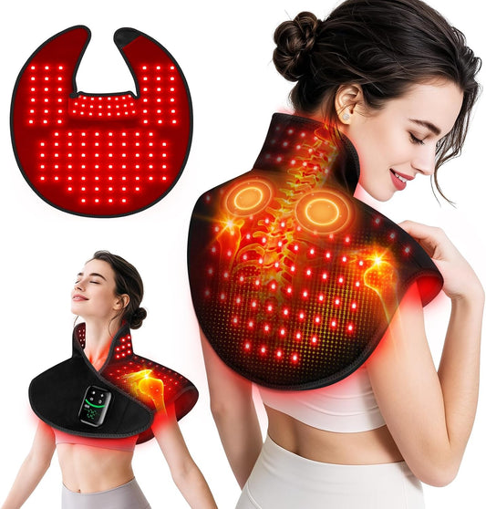 Red Light Therapy for Neck Shoulder with Heat & Massage,5000mAh Cord-Free Controller Infrared Light Pad with118 LEDs,Timer & Pulse Modes,Portable Wrap for Upper Back,Shoulder,Neck(Color: Black)